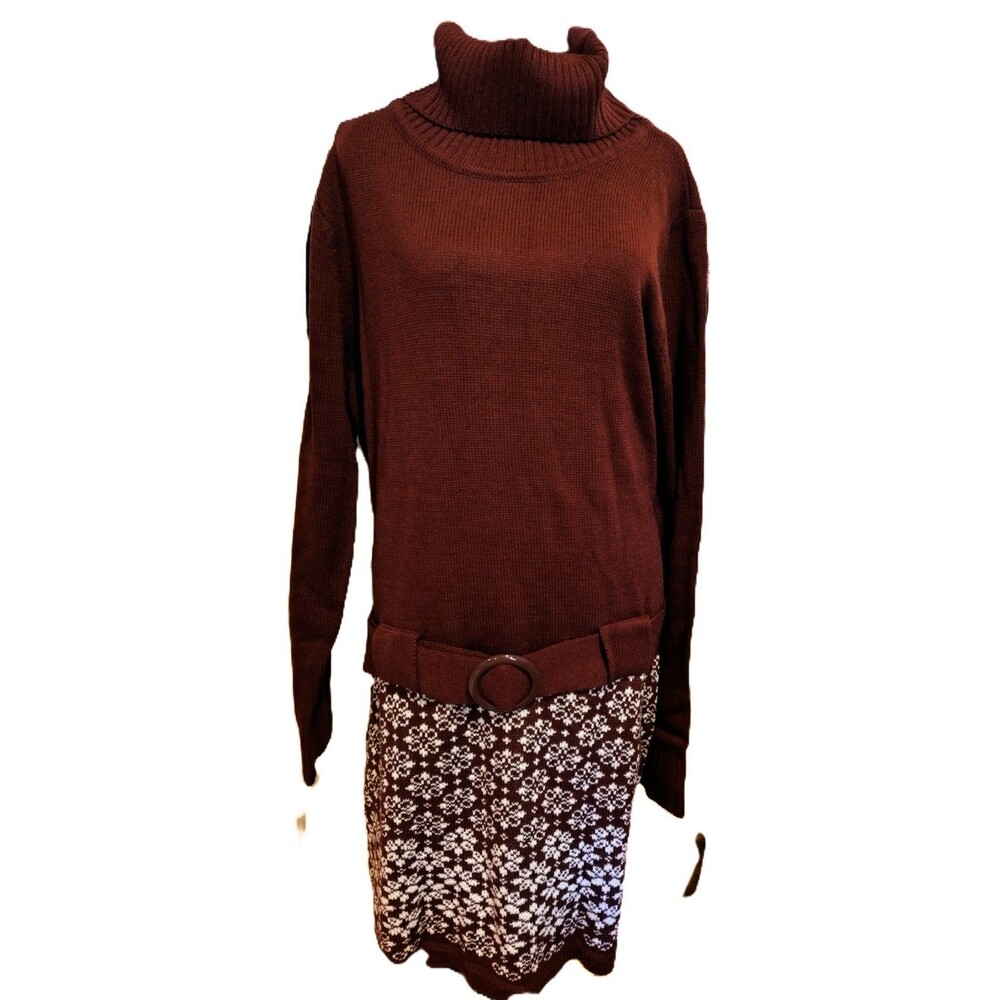 New Venus Burgandy Turtle Neck Sweater Dress W Belt & Flower Pattern SZ 1X
